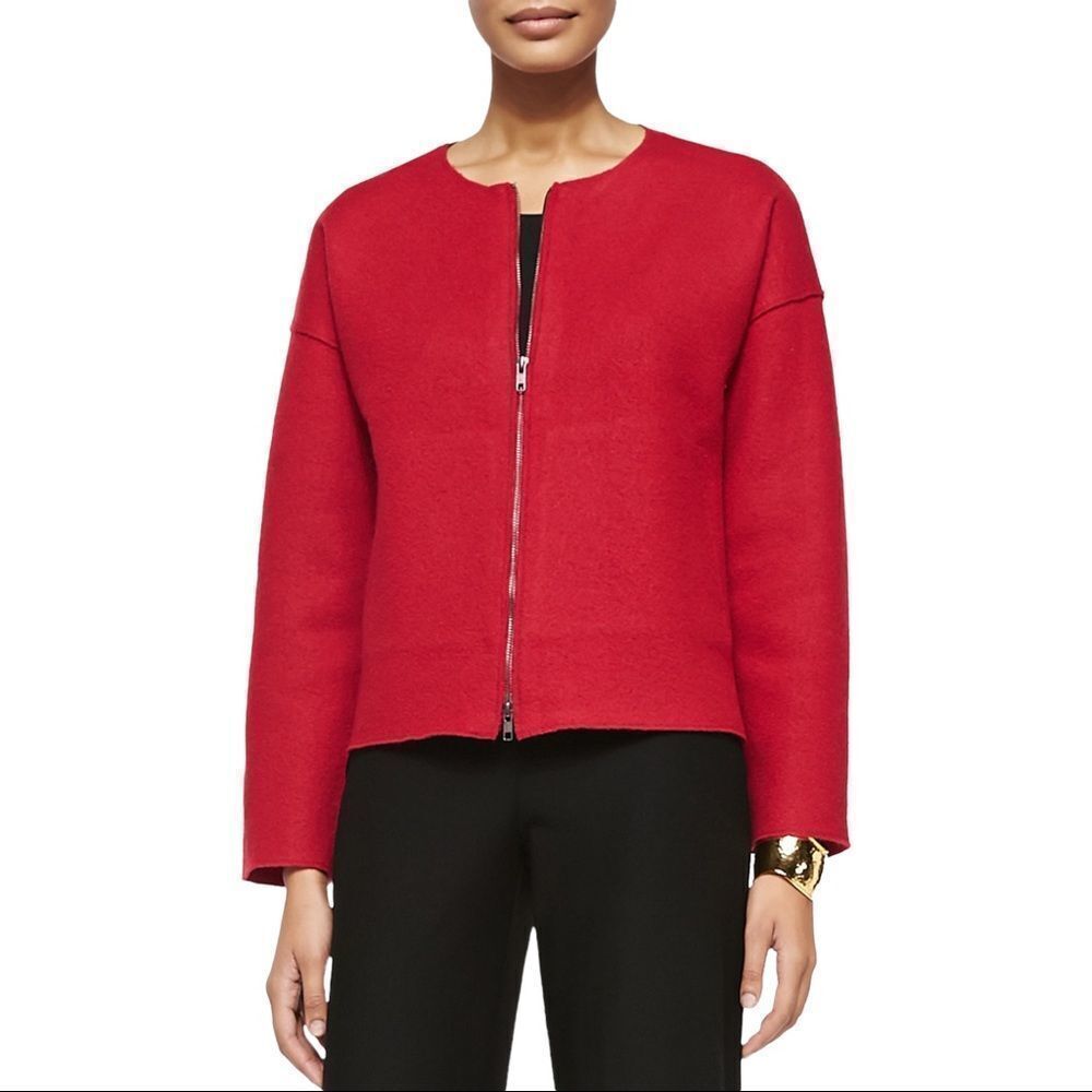 EILEEN Fisher Boiled Wool Red Lacquer Zip Short Jacket Size Small Petite